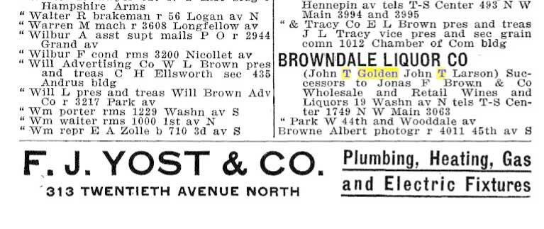 Ad for the Browndale Liquor Company within the Minneapolis City Directories
