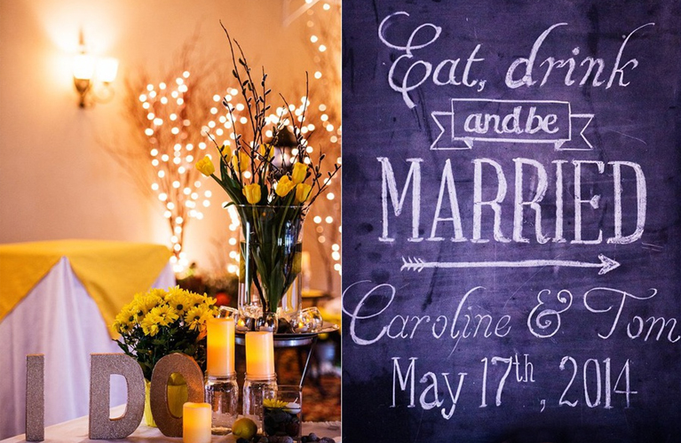 "Eat, Drink and be Married" Chalkboard displayed by "I do" gold lettering at the reception - Photo Credit Maria Maria Photography