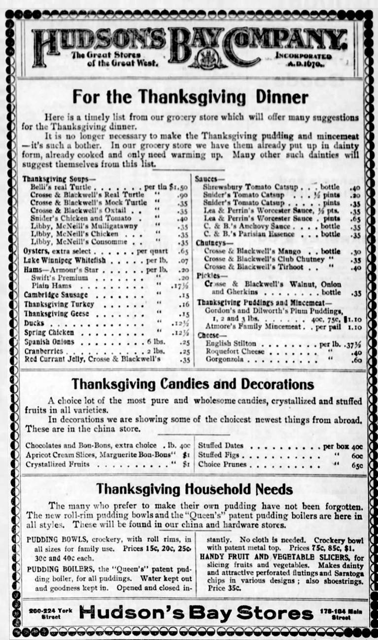  The Winnipeg Tribune 1901 • The Hudson's Bay Company Thanksgiving Meal Ideas