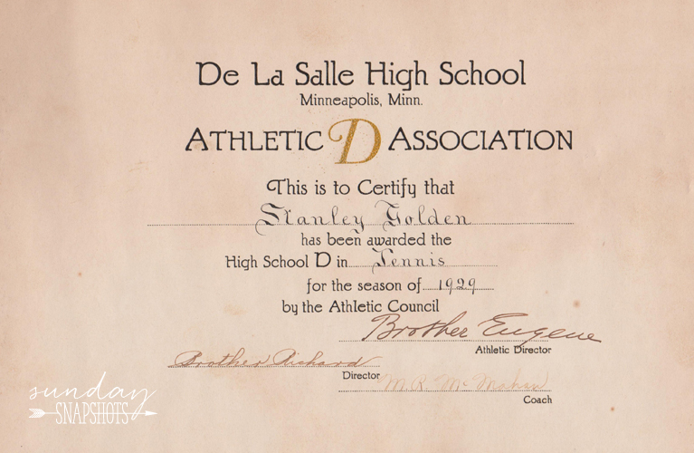 DeLaSalle High School, Tennis certificate: “Athletic D Assocoation” for Stanley Golden, 1929 from the Athletic Council, signed by Brother Eugene, Brother Richard and Director M.R. McMahan | Alex Inspired