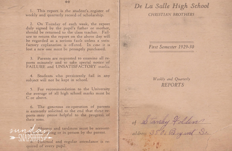 1929-1930 De La Salle High School Christian Brothers Weekly and Quarterly Reports for Stanley Golden | Alex Inspired