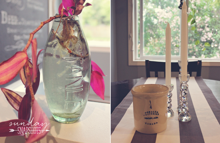 Flowers in old glass bottle, table setting with vintage Canadian Crock and Cut Glass Candle Holders | Alex Inspired