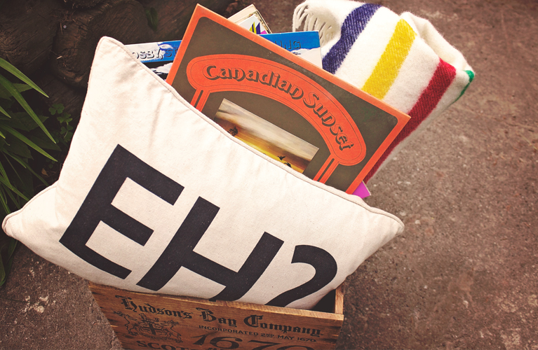 Canada Day Essentials. "Eh" pillow, Hudson's Bay pointe blanket, Hudson's Bay vintage crate, Canadian Vinyl | Alex Inspired 