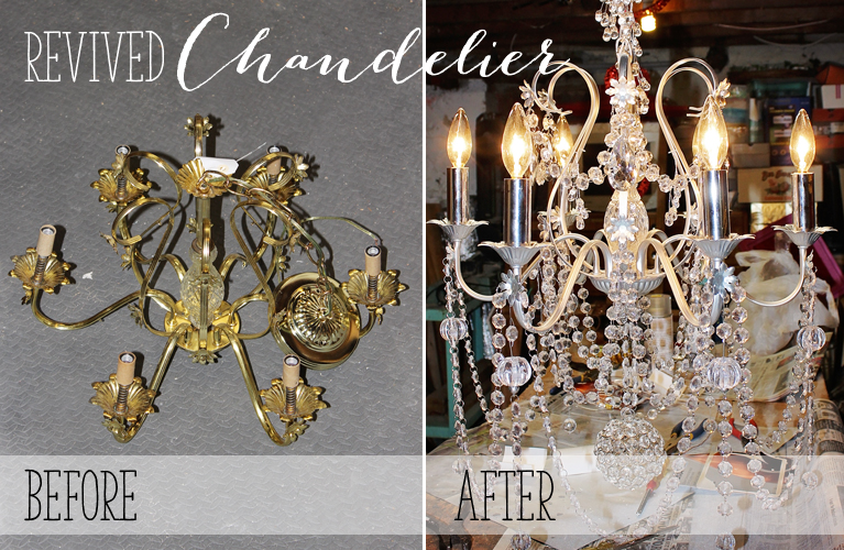 Revived Chandelier | Alex Inspired – Old brass chandelier is given new life with spray paint, Christmas crystal, new wiring and extra bling. 