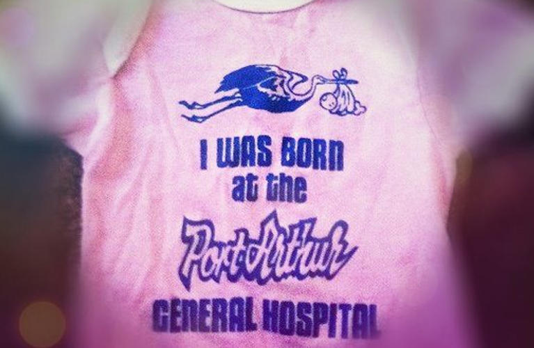 baby onesie, "I was born at the Port Arthur General Hospital"