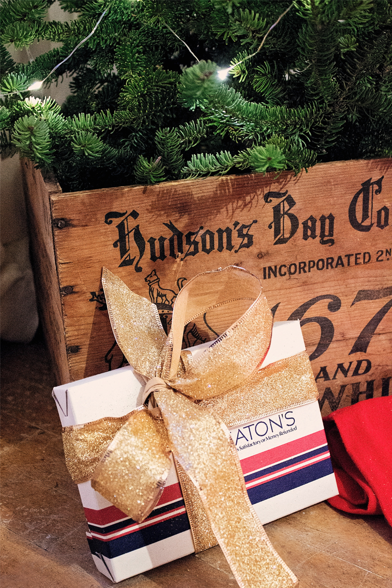 Hudson's Bay Crate with Tree, and Eaton's Christmas Boxes below | Alex Inspired