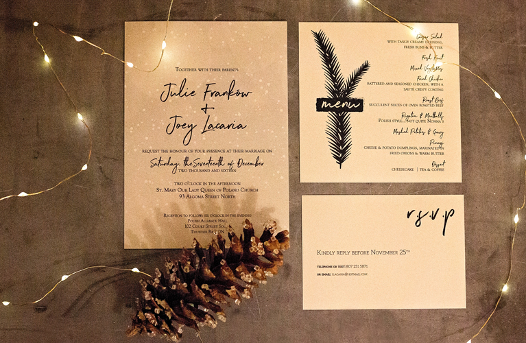 Custom Winter wedding Invitations and menus - Julie + Joey Winter Wedding | Alex Inspired 