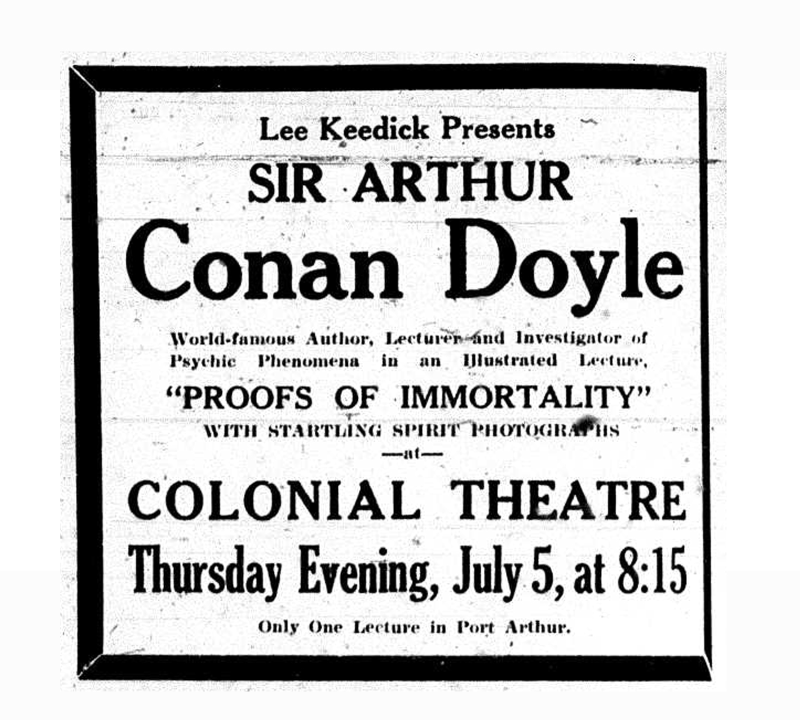 Sir Arthur Conan Doyle - Twin cities (Port Arthur) lecture - 1923